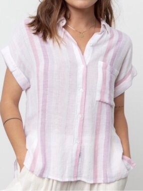 Rails Whitney Sahara Stripe Button Front Top Pink Metallic Stripe Linen SZ Large
